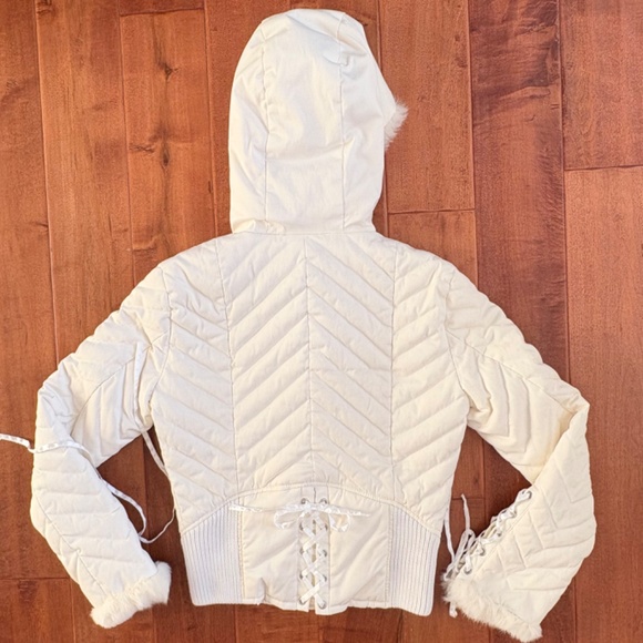 VTG BeBe Hooded Rabbit Fur Puffer Jacket w/ Corset lacing Details Womens S Ivory - Picture 5 of 16